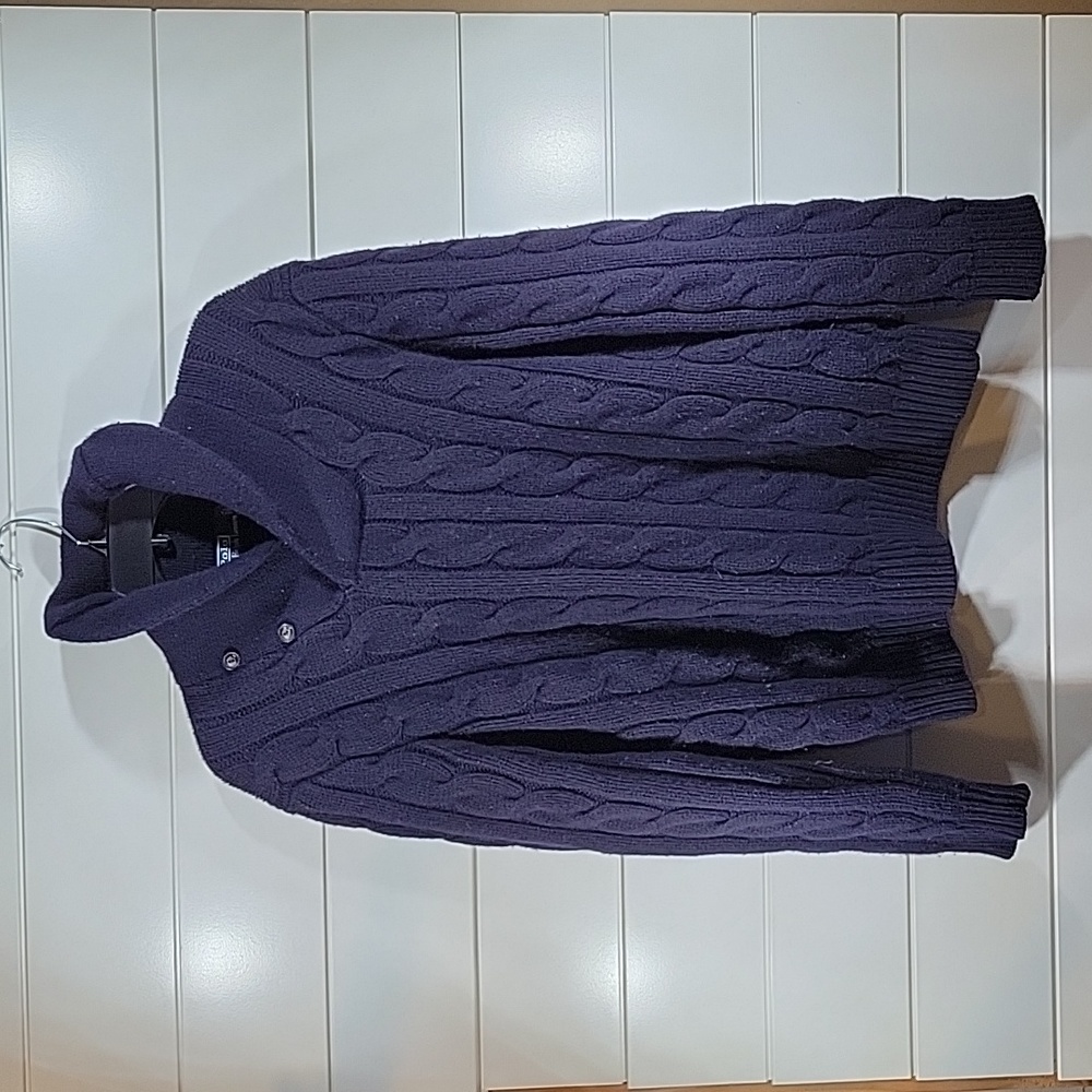 Ralph Lauren 100% lambs wool cable sweater with buttons at the neck